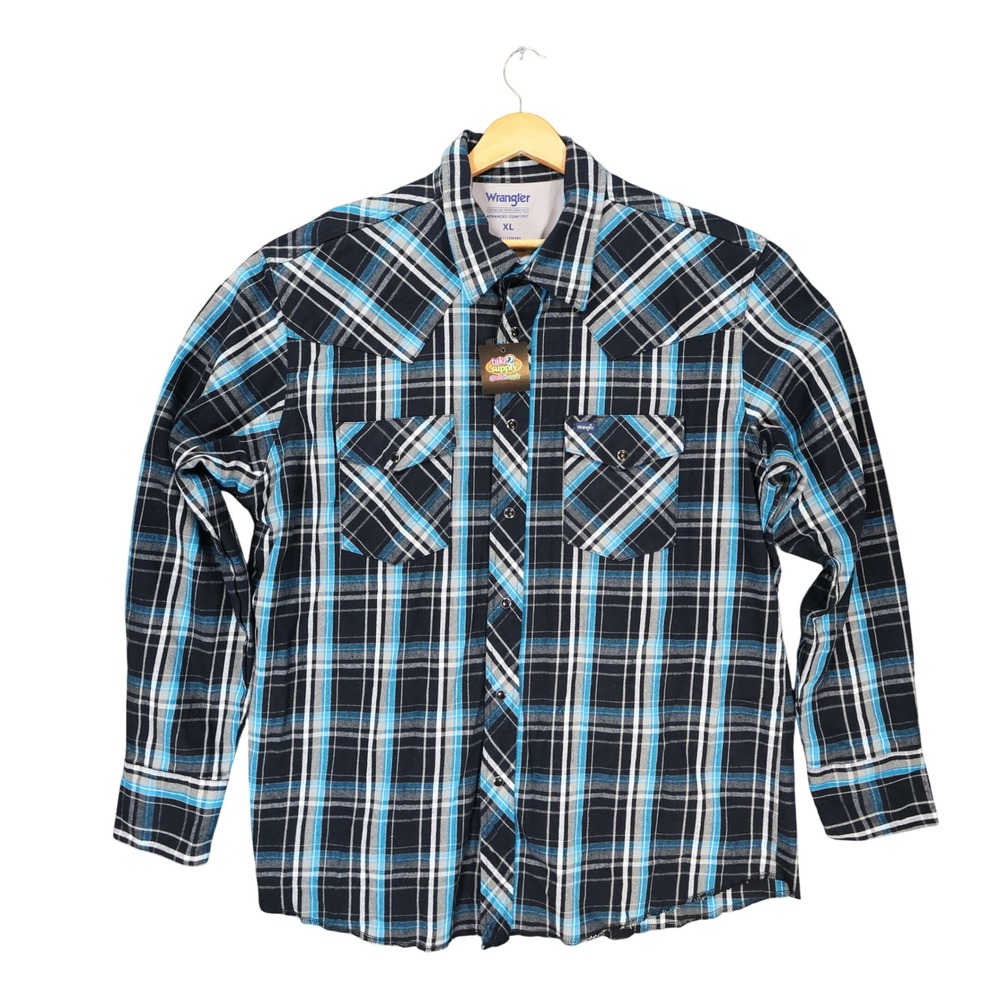 Wrangler Western Shirt Mens XL Blue Excellent Advanced Comfort Plaid